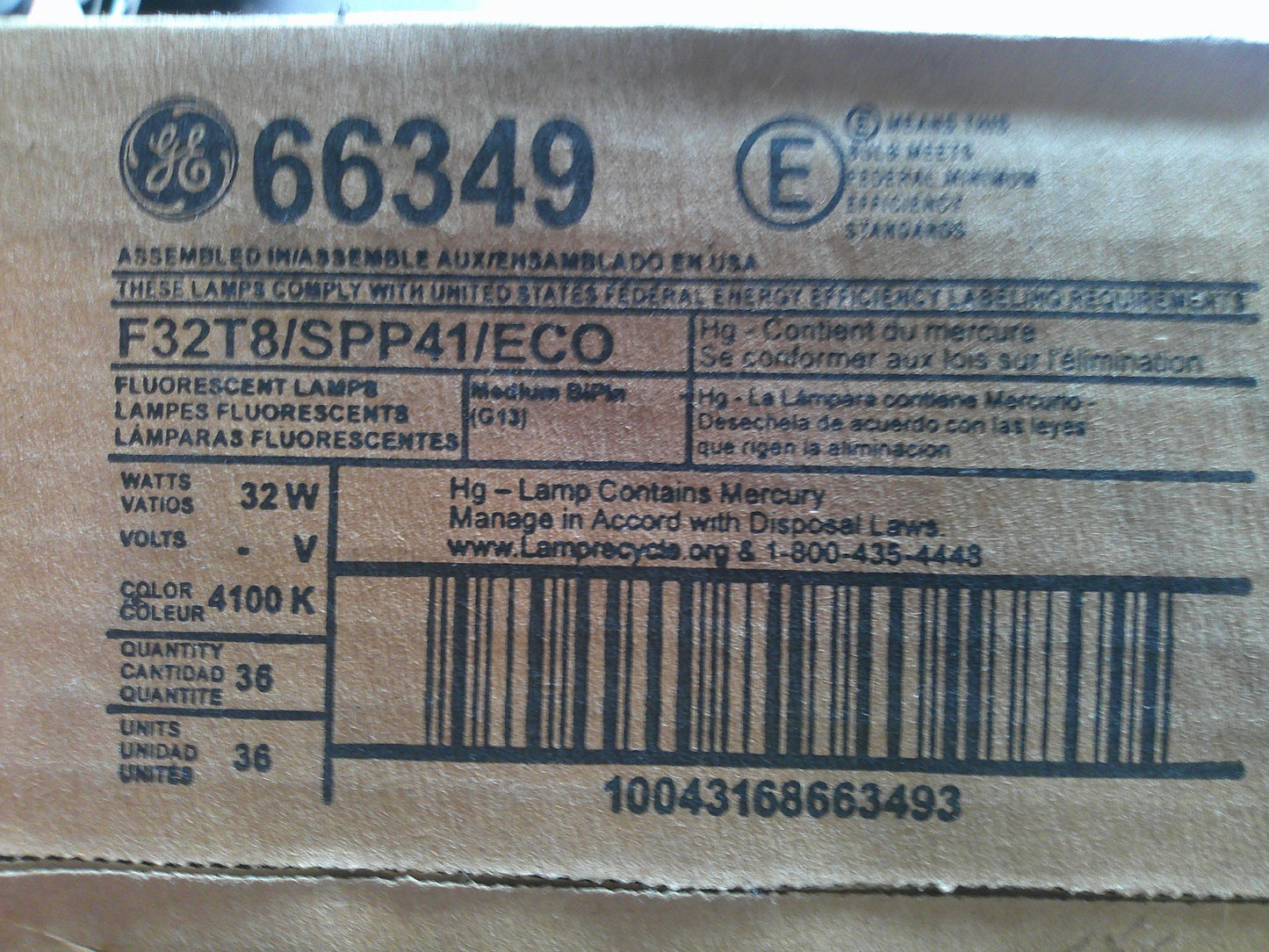 LOT OF 3 CASES, General Electric 68851, F32T8/SPX35/ECO2, T8 Fluorescent Bulbs