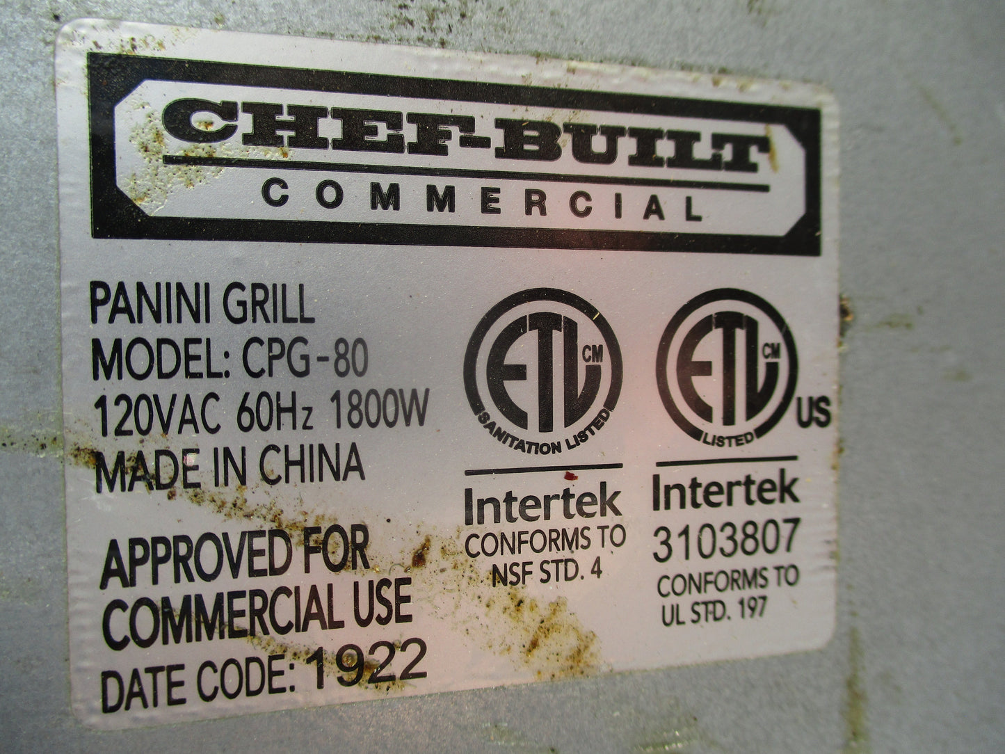 CHEF-BUILT CPG-80, Stainless Steel Compact Commercial Panini Grill, TESTED, #9006