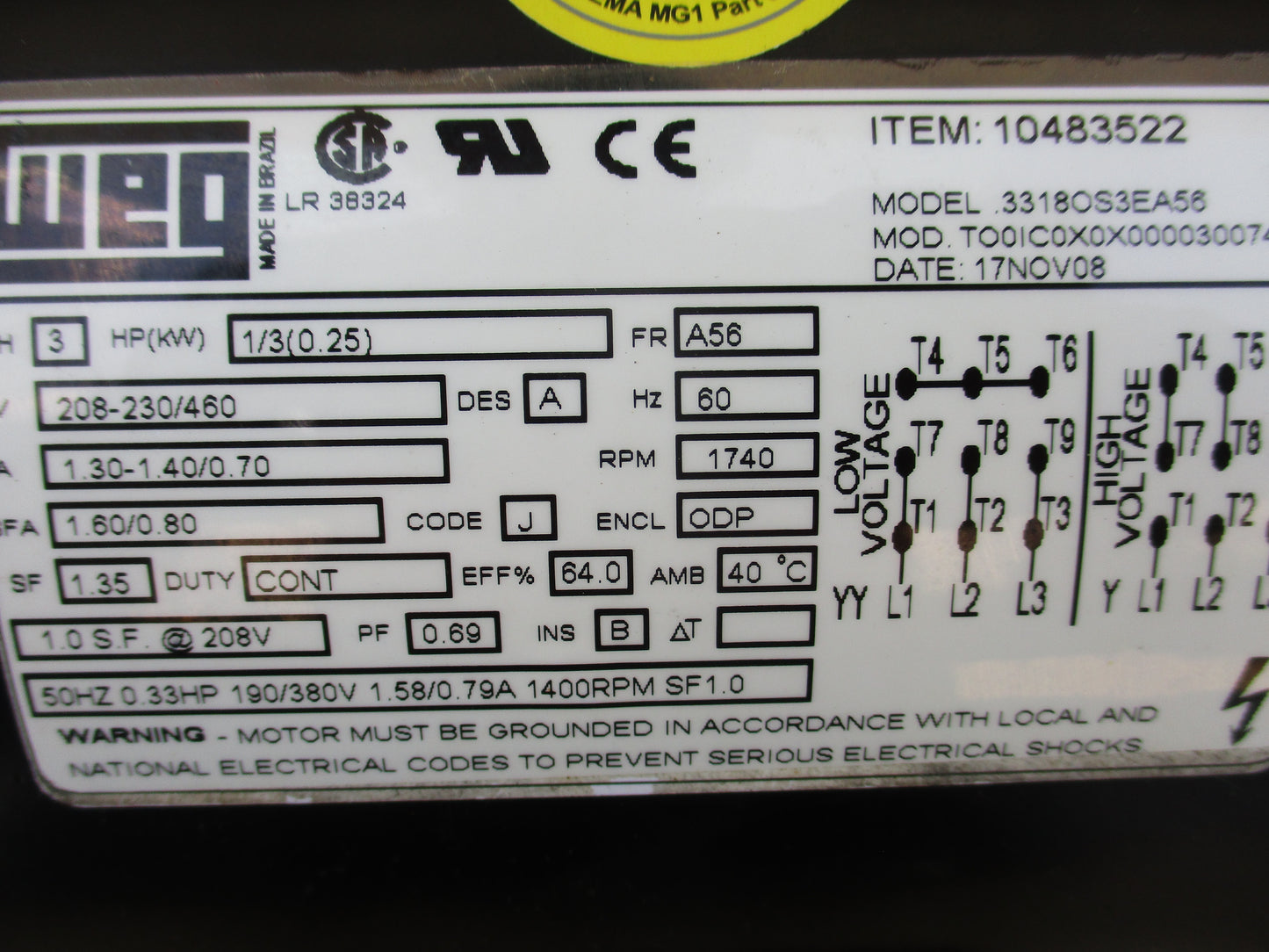 WEG 33180S3EA56, Commercial Electric Motor, 3 Phase, 240/460v, TESTED, #3335